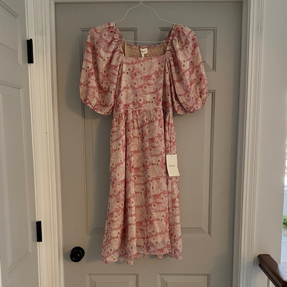 NWT bohme Pink Floral Puff-Sleeve Midi Dress